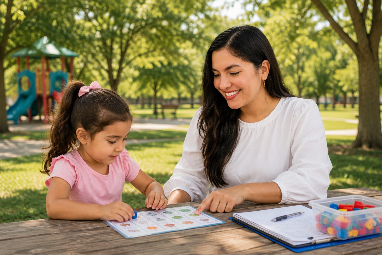 Illustration of a therapy room with a behavior analyst and two children working with learning materials