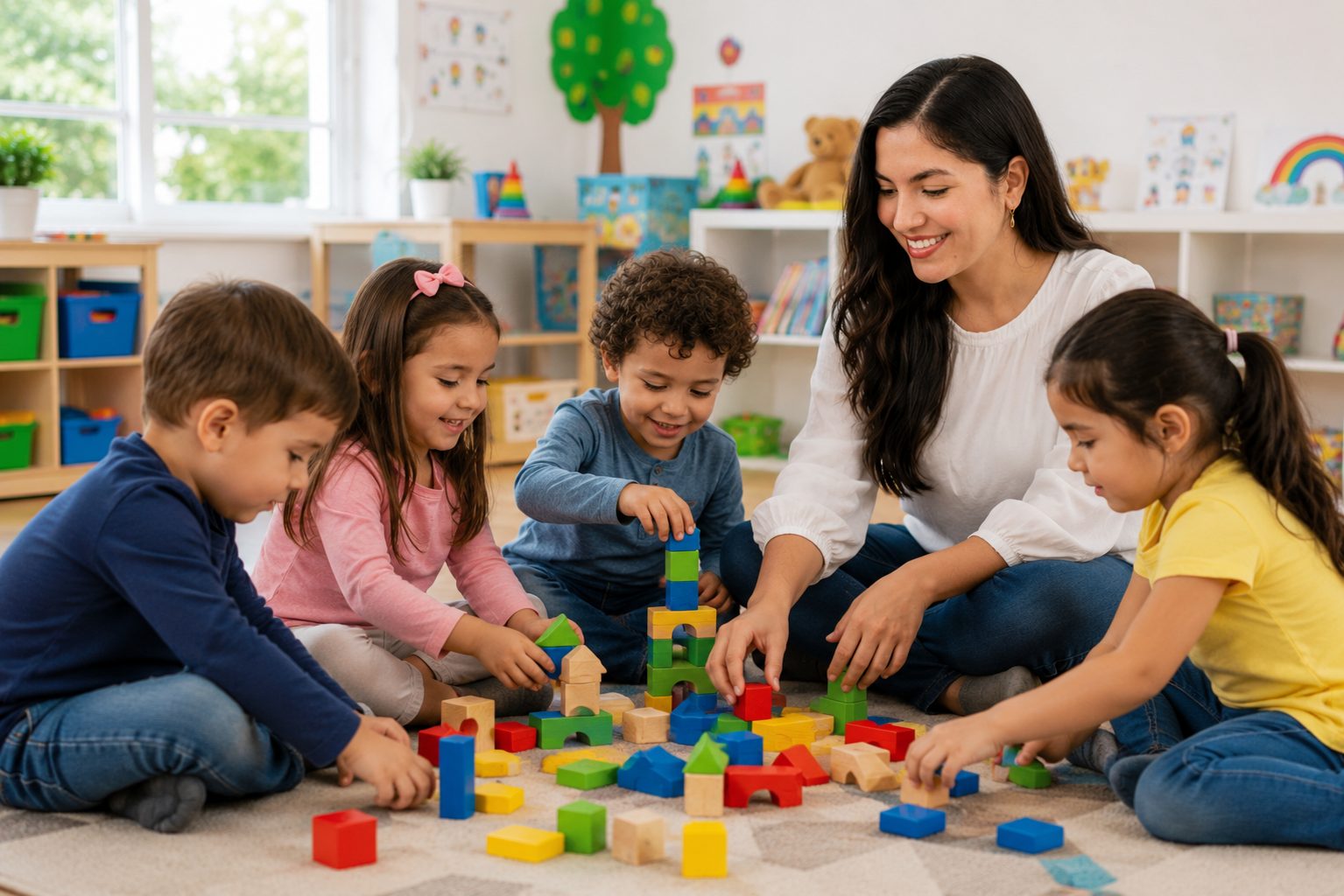 Illustration of a group play area with wooden blocks used to practice social skills