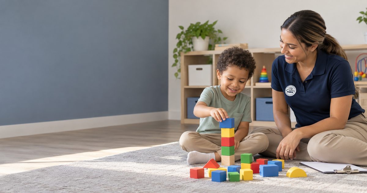 A behavior analyst in an AIMH polo sits on the floor with a young child, stacking coloured blocks together during a therapy activity.